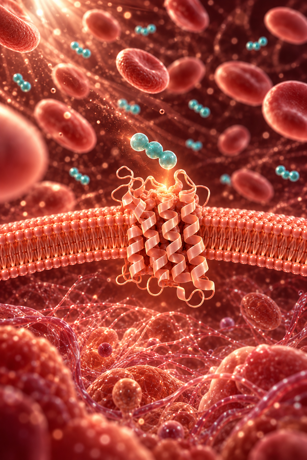 Conceptual illustration of teal three-bead peptides in circulation approaching a membrane receptor inspired by the SSTR2 structure